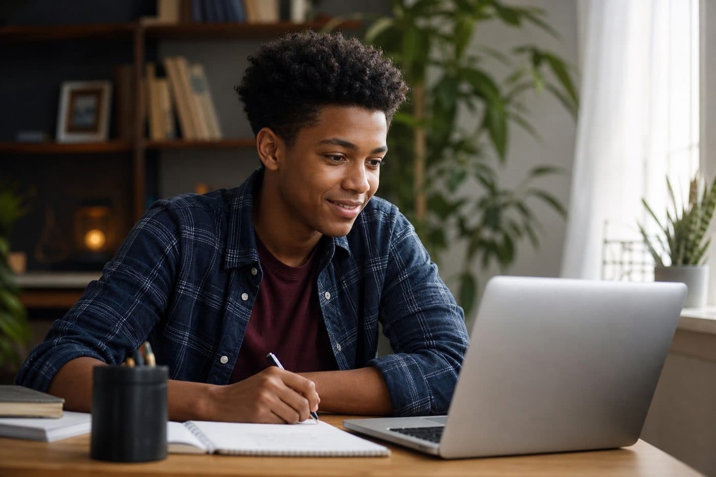 A student at home working through homework on a laptop